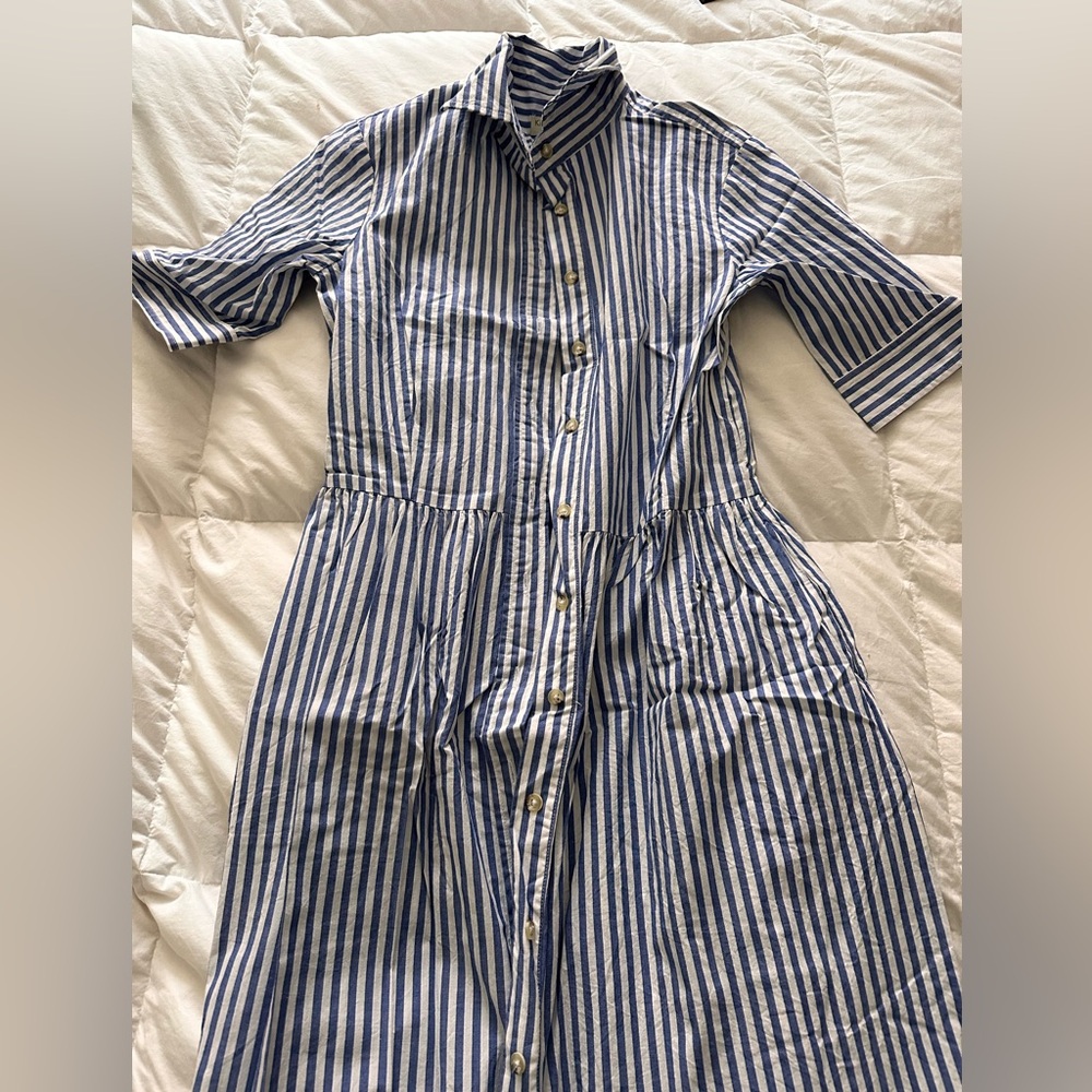 Kim and Proper Blue and white striped button up shirt dress with pockets